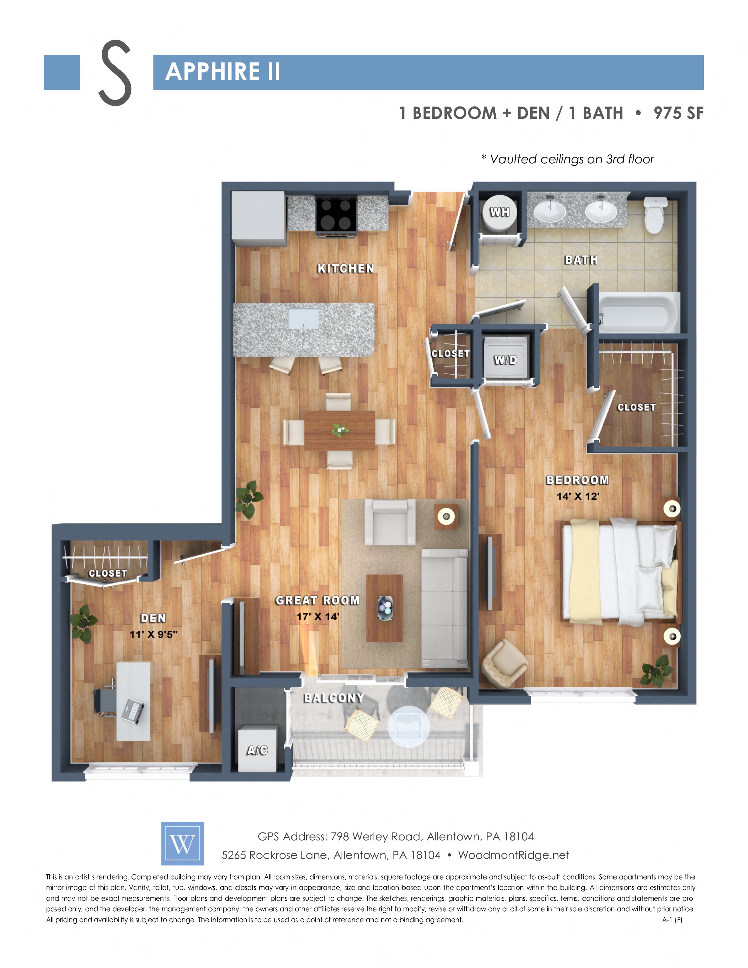 Floor plan for 1 bed, 1 bath, 975 sqft